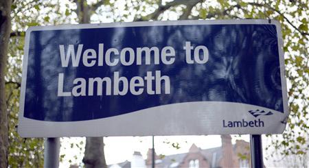 A welcome sign is seen in the London Borough of Lambeth, in south London