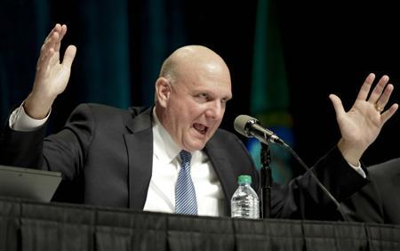 Microsoft Chief Executive Steve Ballmer answers questions at the company's annual shareholder meeting in Bellevue, Washington