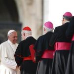 Pope Francis greet cardinals and bishops during the general audience in Saint Peter's Square at the Vatican