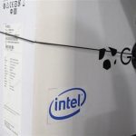 The Intel logo is advertised on the side of a computer box at an electronic store in Phoenix, Arizona