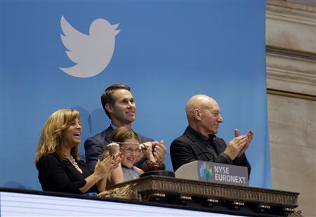 Actor Stewart, Cutler and Boston police officer Fiandaca look on during the Twitter Inc. IPO in New York