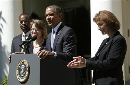 Obama speaks from the Rose Garden of the White House to announce his three nominees to fill vacancies on the United States Court of Appeals for the District of Columbia in Washington