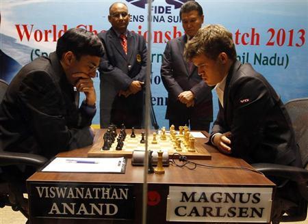 Norway's Carlsen plays against India's Anand during the FIDE World Chess Championship in Chennai