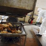 Employees dispose uninfected dead birds at a treatment plant as part of preventive measures against the H7N9 bird flu in Guangzhou