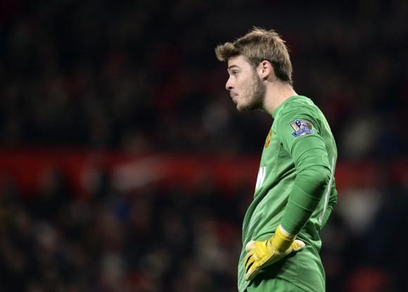 Manchester United's De Gea reacts during their English Premier League soccer match against Everton at Old Trafford in Manchester