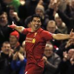 Liverpool's Suarez celebrates scoring a goal against Norwich during their English Premier League soccer match at Anfield in Liverpool
