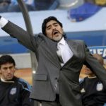 Argentina's coach Maradona gestures during their 2010 World Cup quarter-final soccer match against Germany at Green Point stadium in Cape Town