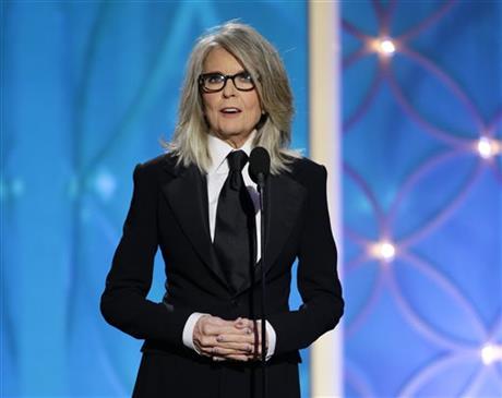 Diane Keaton accepting the Cecil B. DeMille award on behalf of Woody Allen