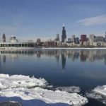 Ice floats on the surface of Lake Michigan Friday