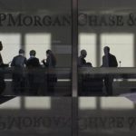 The lobby of JP Morgan headquarters is photographed through it's front doors in New York