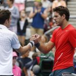 Juan Martin Del Potro of Argentina meets France's Nicolas Mahut of France at the net following his second round men's singles win in Sydney