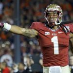 Florida State Seminoles Benjamin celebrates after catching the game winning touchdown pass agasinst the Auburn Tigers in the fourth quarter during the BCS Championship football game in Pasadena