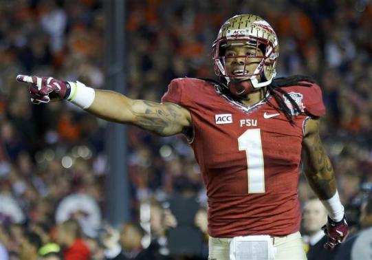 Florida State Seminoles Benjamin celebrates after catching the game winning touchdown pass agasinst the Auburn Tigers in the fourth quarter during the BCS Championship football game in Pasadena