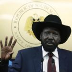 South Sudan's President Salva Kiir gestures during a news conference in Juba