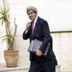 U.S. Secretary of State John Kerry arrives for a meeting at the presidential compound in the West Bank city of Ramallah