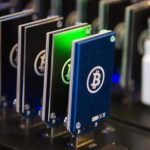Chain of block erupters used for Bitcoin mining is pictured at the Plug and Play Tech Center in Sunnyvale, California
