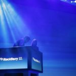 Workers prepare the stage ahead of the launch of Research In Motion Ltd's (RIM) new Blackberry 10 devices in New York