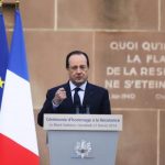 French President Hollande delivers a speech as part of a ceremony in homage to the World War II French Resistance at the Mont Valerien memorial in Suresnes