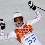 Julia Mancuso of the U.S. celebrates in the finish area after competing during the downhill run of the women's alpine skiing super combined event during the 2014 Sochi Winter Olympics