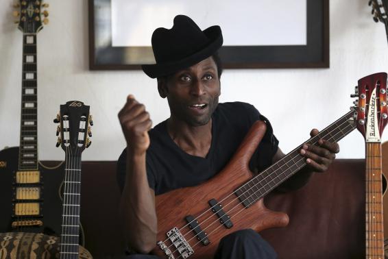 Nigerian musician Keziah Jones reacts during an interview with Reuters at his home in Lagos