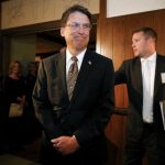 North Carolina governor Pat McCrory arrives for a celebration for evangelist Billy Graham's 95th birthday in Asheville