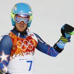 Ted Ligety of the U.S. reacts after the first run of the men's alpine skiing giant slalom event in the Sochi 2014 Winter Olympics at the Rosa Khutor Alpine Center