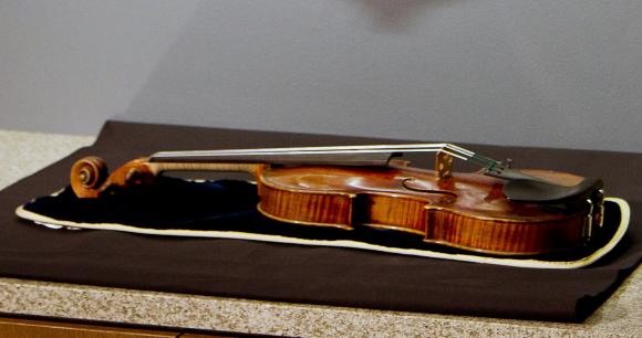 The 300-year-old Stradivarius violin that was taken from the Milwaukee Symphony Orchestra's concertmaster in an armed robbery is on display for the media after it was recently recovered, in Milwaukee