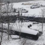 Wreckage of a train derailment is seen in the snow near Vandergrift