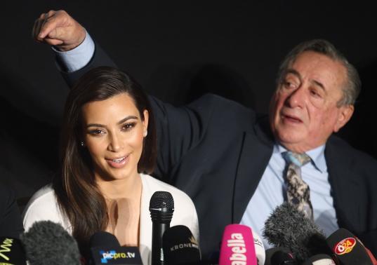 U.S. television personality Kardashian and her host Lugner attend a news conference ahead of the Opera Ball in Vienna