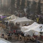 An aerial view shows the anti-government protesters camp in Independence Square in central Kiev