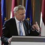 Vice-President of the European Commission Rehn speaks during event hosted in honour of Euro introduction in Latvia in Riga