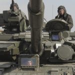 Ukrainian tank takes part in the military exercise near Kharkiv