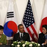 Obama holds a tri-lateral meeting with Park and Abe after the Nuclear Security Summit in The Hague