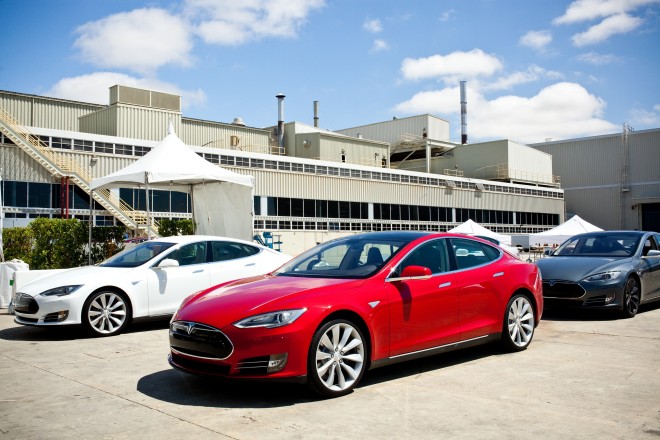 Cars at the Tesla factory in Fremont, CA.