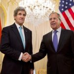 U.S. Secretary of State Kerry shakes hands with Russian Foreign Minister Lavrov at the Russian Ambassador's residence in Paris