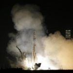 The Soyuz TMA-12M spacecraft carrying the ISS crew of U.S. astronaut Swanson, Russian cosmonauts Skvortsov and Artemyev blasts off from its launch pad at the Baikonur cosmodrome