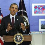 Obama answers a question about the situation in Ukraine, following remarks on the budget at Powell Elementary School in Washington