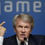 Ukraine's Paralympic chief Sushkevich gestures during a news conference at Sochi Paralympic Winter Games Park