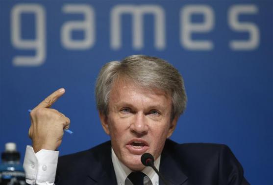 Ukraine's Paralympic chief Sushkevich gestures during a news conference at Sochi Paralympic Winter Games Park