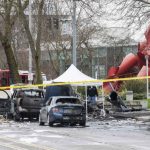 Wreckage is pictured where a television news helicopter crashed near the Space Needle in Seattle