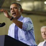 Obama speaks next to Biden after touring the Community College of Allegheny West Hills Center in Oakdale, Pennsylvania