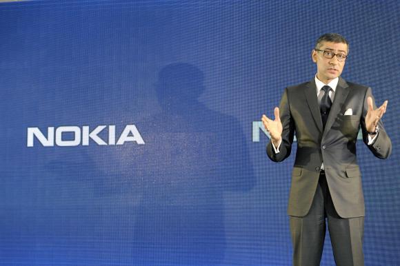 Nokia CEO Rajeev Suri speaks during a news conference to announce its first quarter earnings in Espoo