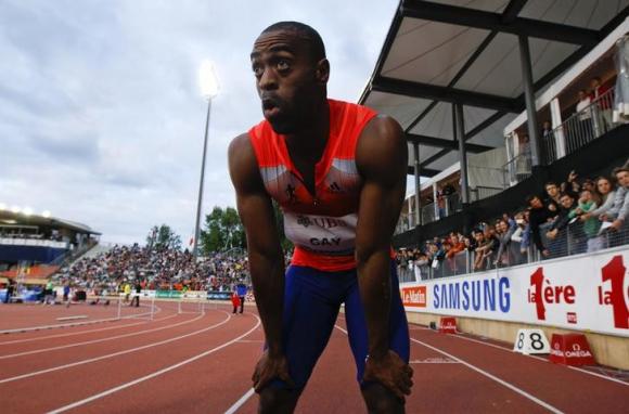 Gay of the U.S. reacts after winning in the 100m event of the Lausanne Diamond League meeting in Lausanne
