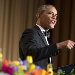 U.S. President Barack Obama makes a joke as he speaks during the White House Correspondents' Association Dinner