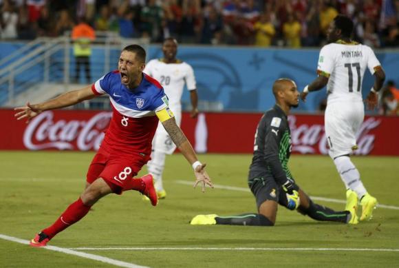 Clint Dempsey of the U.S. celebrates after scoring their first goal during their 2014 World Cup Group G soccer match against Ghana at the Dunas arena in Natal