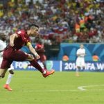 Portugal's Cristiano Ronaldo takes a shot during the group G World Cup soccer match between the United States and Portugal at the Arena da Amazonia in Manaus, Brazil, Sunday, June 22, 2014. (AP Photo/Marcio Jose Sanchez)