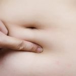 Female Hand Touching Fatty Stomach
