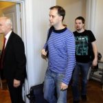 Fredrik Neij and Peter Sunde, two co-founders of the file-sharing website, The Pirate Bay, arrive at the Swedish Appeal Court in Stockholm