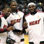 Miami Heat's Dwyane Wade, left, Chris Bosh, center, and LeBron James