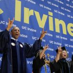 U.S. President Barack Obama yells to honor the school mascot during the commencement ceremony for the University of California, Irvine in Anaheim